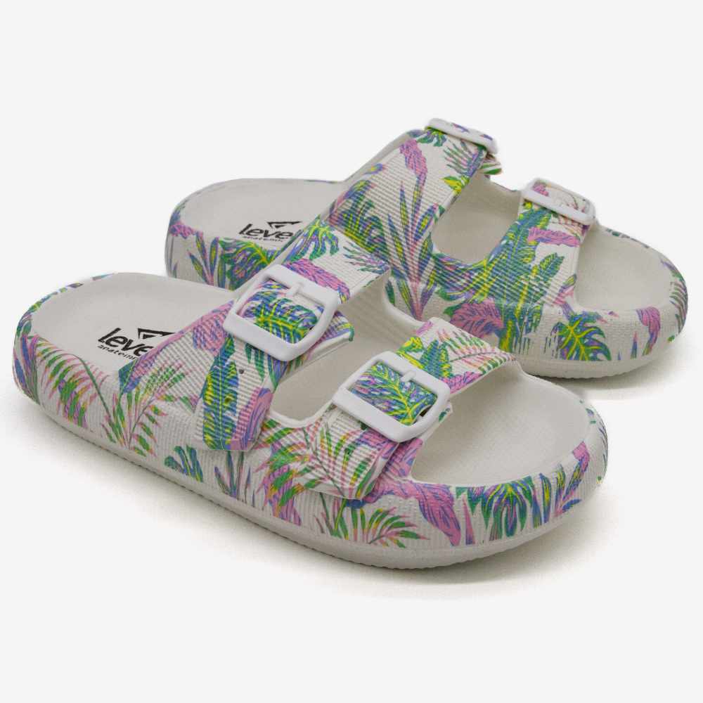 Ζεύγος γυναικείων ανατομικών slip-on Level Anatomic 170 λευκό με καλοκαιρινό tropical μοτίβο