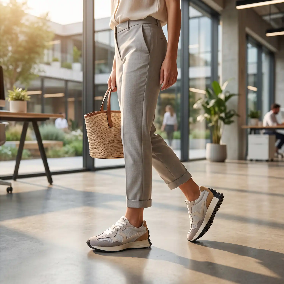 Γυναίκα που φοράει τα ανατομικά γυναικεία sneakers Paredes Sorvilan σε λευκό-γκρι χρώμα με καμήλ λεπτομέρειες, συνδυασμένα με υφασμάτινο γκρι παντελόνι σε σύγχρονο εσωτερικό χώρο.