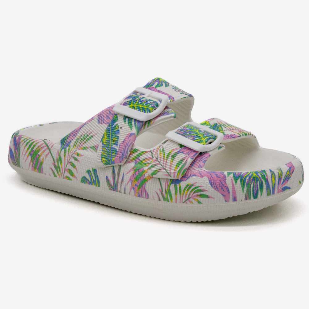 Γυναικεία ανατομική παντόφλα Level Anatomic 170 λευκή floral με ρυθμιζόμενες αγκράφες - πλάγια όψη