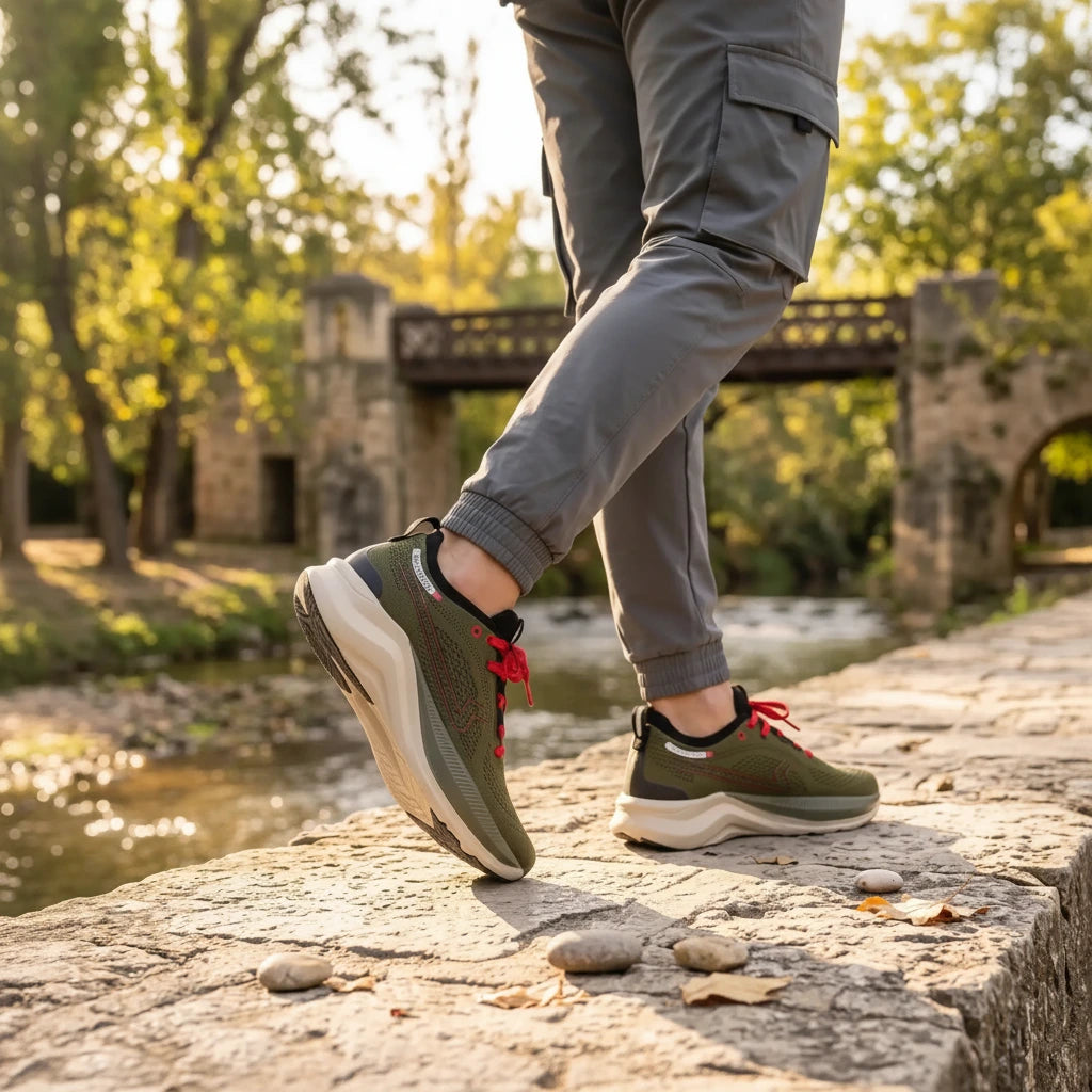 Άνδρας που φοράει τα χακί ανδρικά αθλητικά sneakers Paredes Alfarnate με κόκκινα κορδόνια και γκρι cargo παντελόνι, περπατώντας σε πέτρινο πεζούλι δίπλα σε ποτάμι.