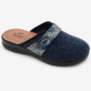 Level Anatomic 4092 Γυναικείες Ανατομικές Παντόφλες Τσόχινες με Δερμάτινο Πάτο και Αυτοκόλλητο (Βέλκρο) Μπλε